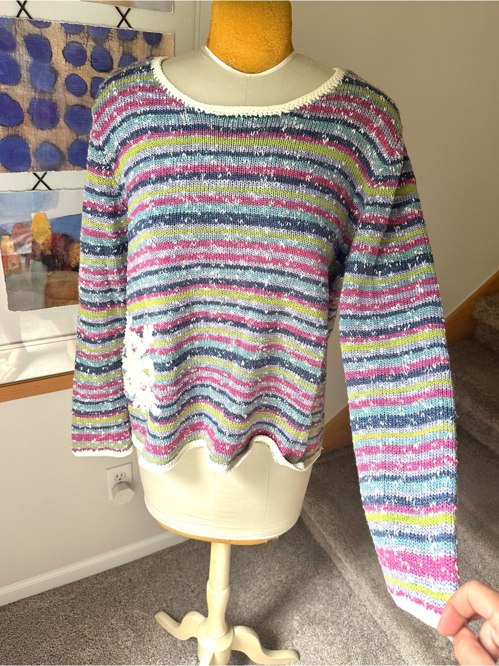 J. Jill Multicolor Striped Crewneck Sweater - Pink, Blue & Green